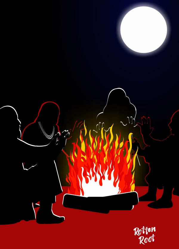 Ilustração com um fundo preto. No canto superior direito, um círculo branco representa a lua, rodeada por um brilho azulado. ao centro, sobre um chão vermelho estçao as silhuetas de quatro pessoas sentadas ao redor de uma fogueira, sendo, esquerda para a direita, um homem de barba, um nativo americano com três colres brancos, uma mulher de cabelos longos e uma nativa americana. Todos estão com as mãos estendidas em direção ao fogo para se aquecerem.